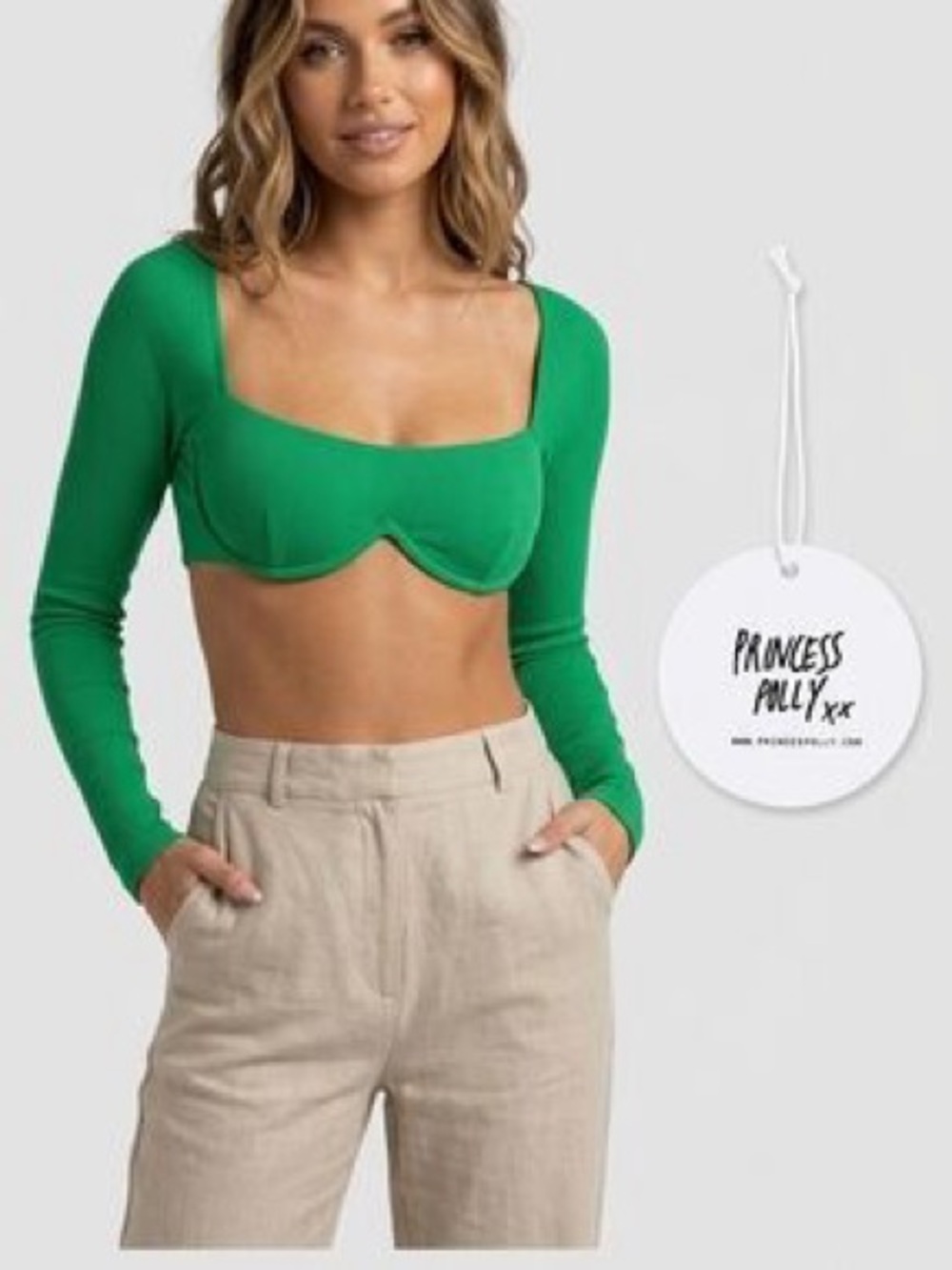 Princess Polly Green Ribbed Off Shoulder Long Sleeve Crop Top US 4 XXS